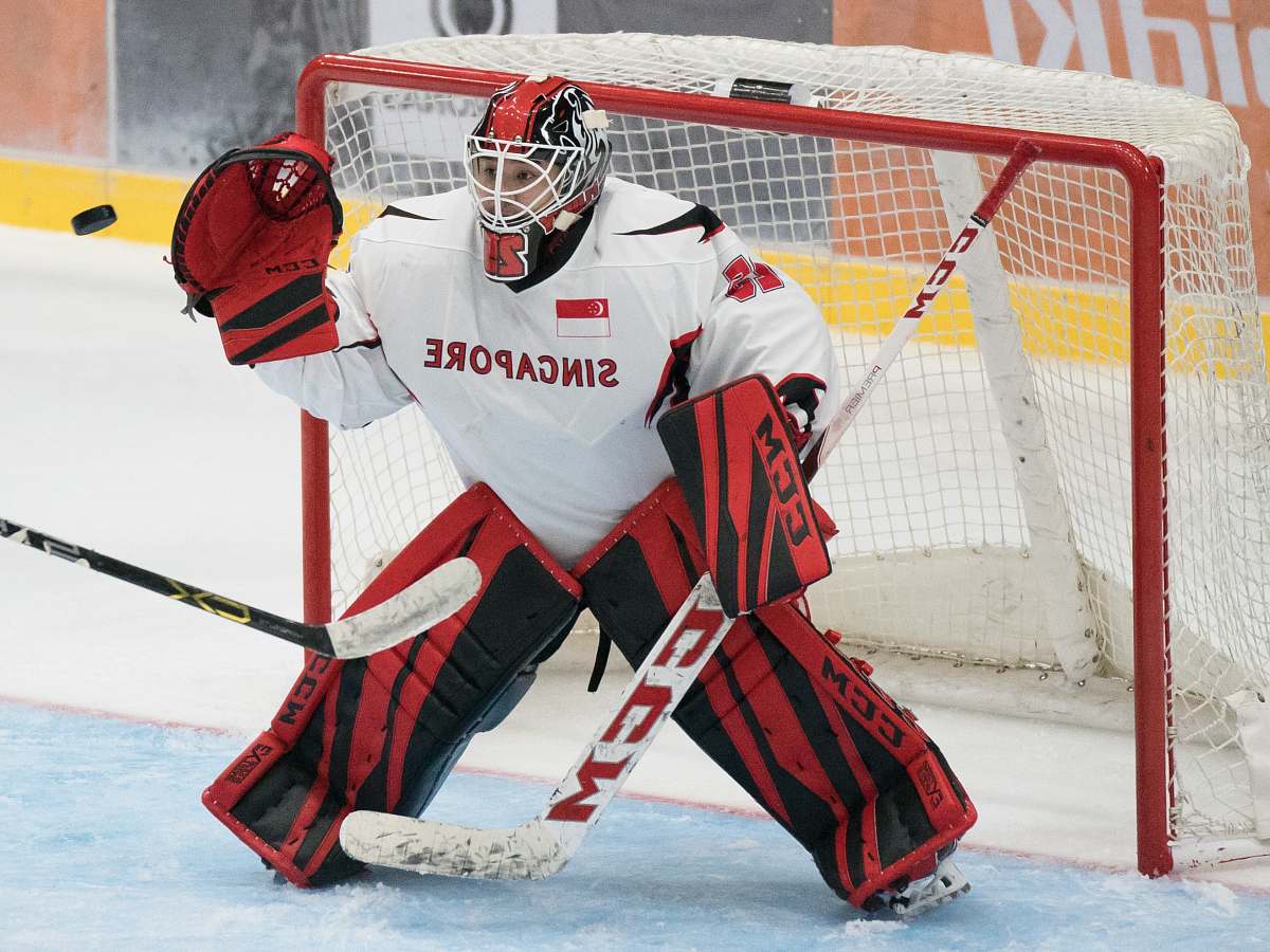 ice hockey hockey goalie showing defense pose during game sport
